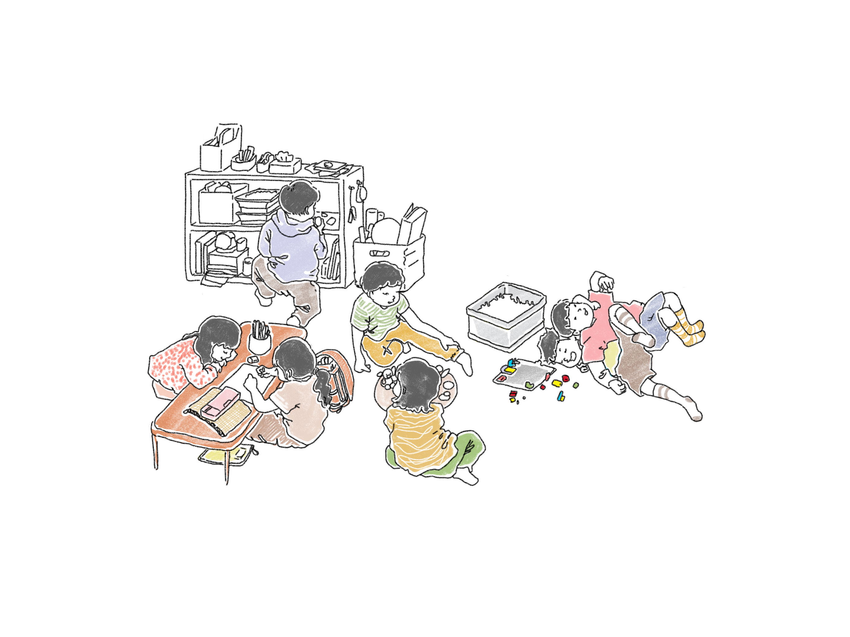 学童保育の部屋で遊んだり過ごしたりする子どもたち